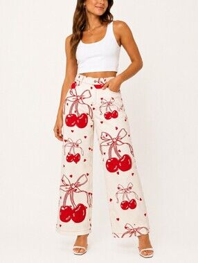 Cherry Print Wide Leg Pants XL Cottagecore Coquette Hearts Bow Y2K